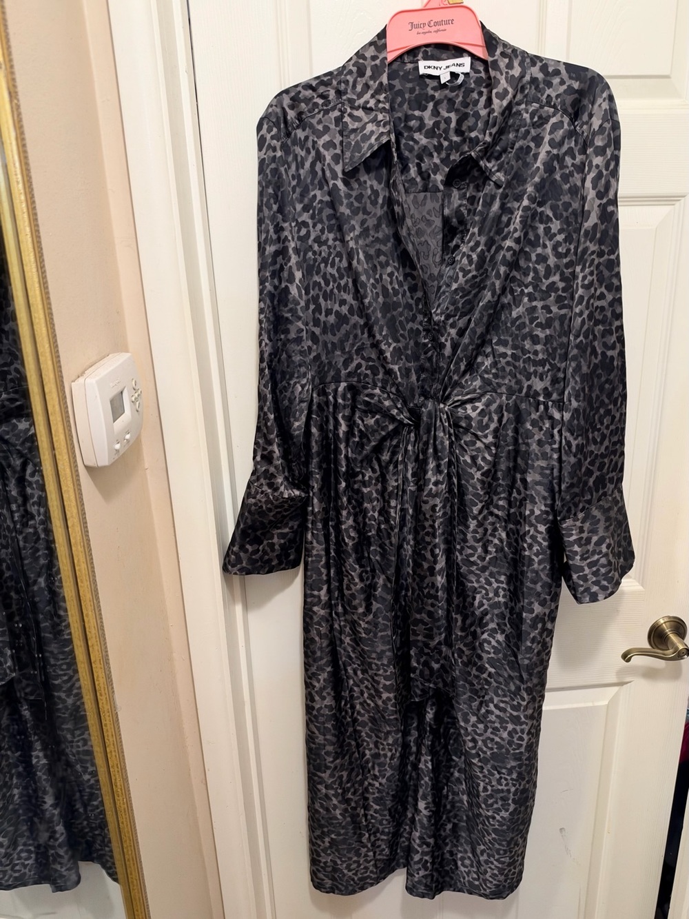 DKNY Black and Gray Satin Animal-Print Tie-Front dress